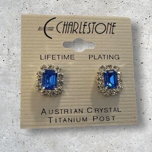 Austrian Blue Halo Crystal Titanium Post Earrings